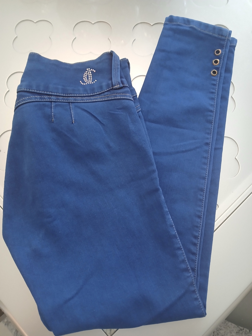 Rhinestone Logo Royal Blue Skinny Jeans for Women-Butt Lifting